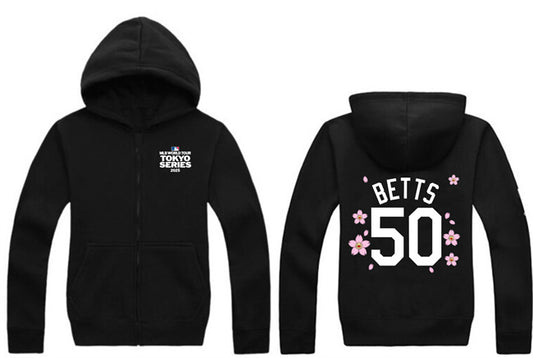 Los Angeles Dodgers #50 Mookie Betts Black 2025 Tokyo Series Full-Zip Hoodie