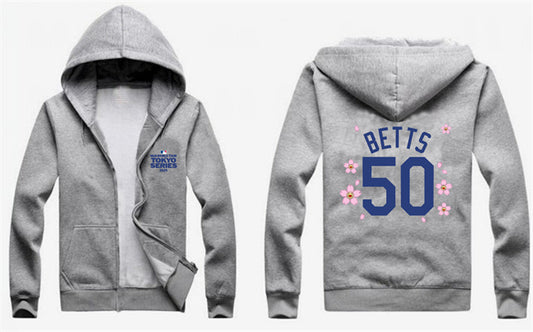 Los Angeles Dodgers #50 Mookie Betts Gray 2025 Tokyo Series Full-Zip Hoodie