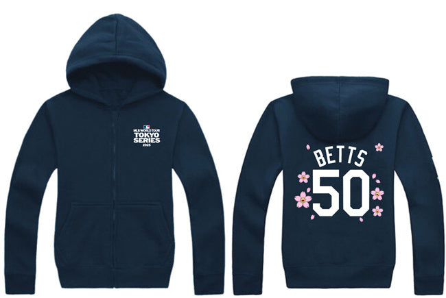 Los Angeles Dodgers #50 Mookie Betts Navy 2025 Tokyo Series Full-Zip Hoodie