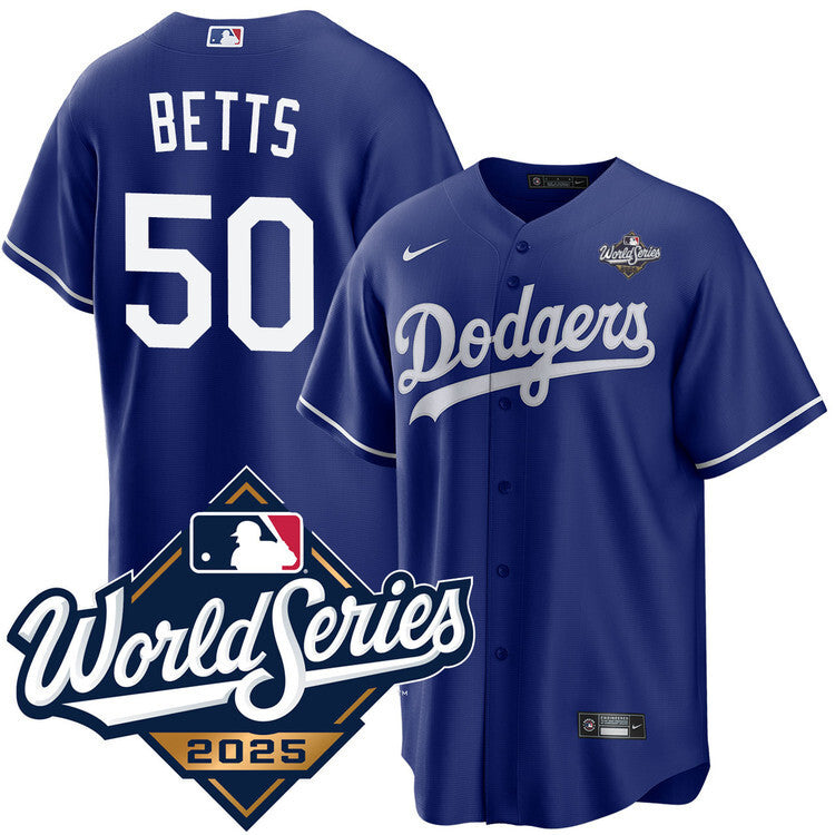 Los Angeles Dodgers #50 Mookie Betts Royal 2025 Alternate World Series Jersey