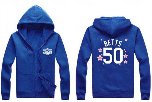 Los Angeles Dodgers #50 Mookie Betts Royal 2025 Tokyo Series Full-Zip Hoodie