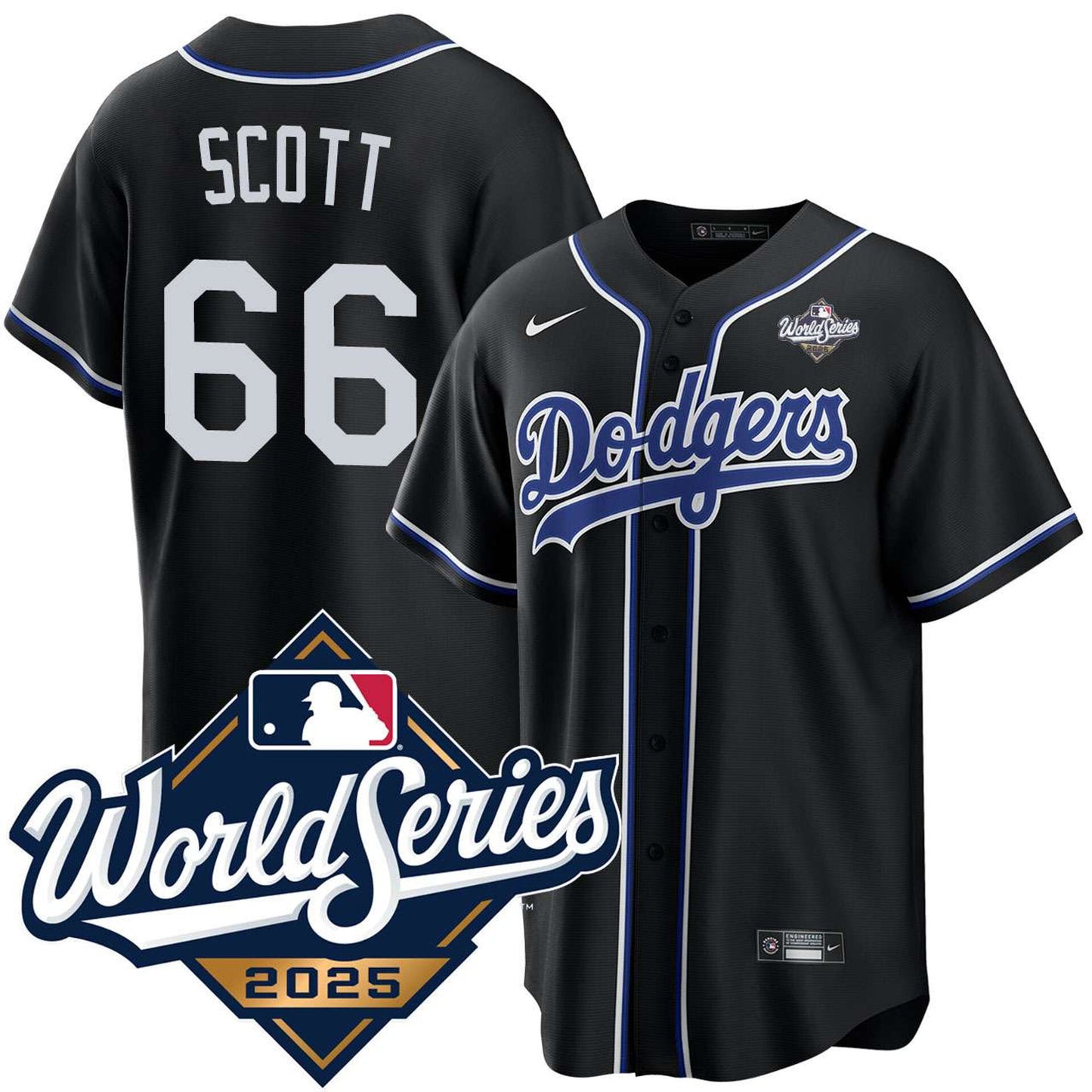 Los Angeles Dodgers #66 Tanner Scott Black Lights Out 2025 World Series Jersey