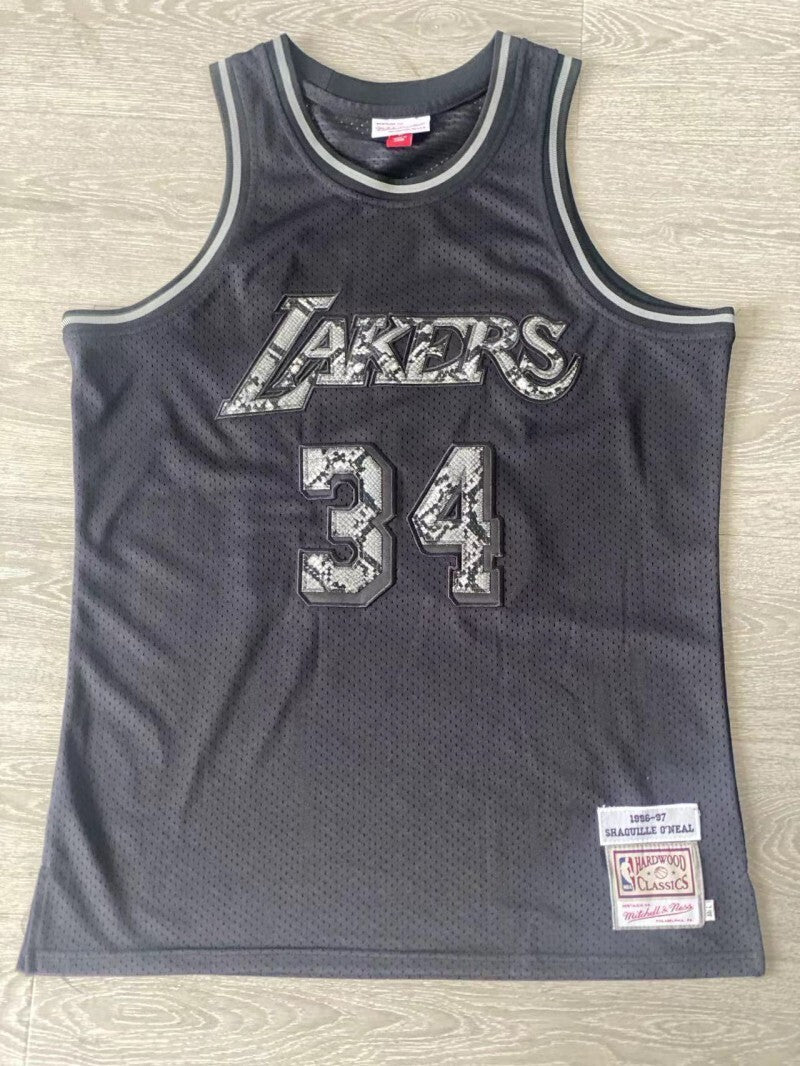 Los Angeles Lakers #34 Shaquille O'Neal 1996-97 Leather Snakeskin Lakers 34 # O'Neal Black Embroidered Style 1
