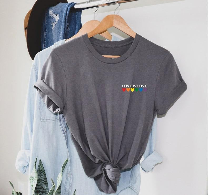 Love is Love Rainbow Heart Shirt, pocket size T Shirt. Perfect gift, Pride Rainbow Heart T shirt, Pride Shirt. Unisex T...