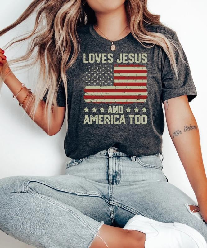 Loves Jesus and America Too t shirt Spiritual women tee Religions print tshirt Gifts for religious friends Love like...