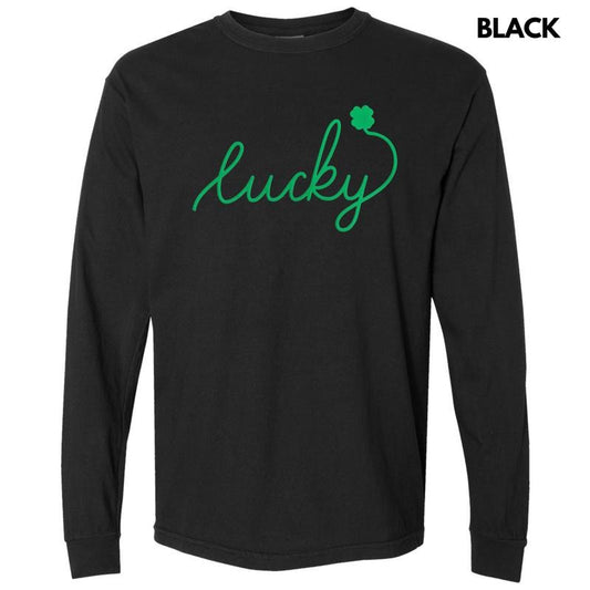 Lucky Cursive Green Puff Long Sleeve Comfort Colors T-Shirt Hoodie, Sweatshirt | InkThreadWorks.com