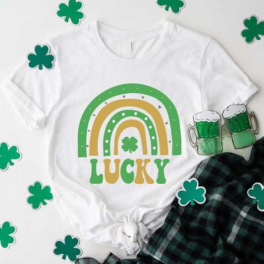 Lucky Rainbow Shirt, St Patrick T-Shirt, Unisex Clover Short Sleeve, Lucky Vibes Shirt, Green Rainbow Shirt. Hoodie,...