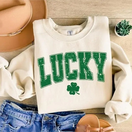Lucky Varsity Sweatshirt, St Patrick's Day Shirt, Retro Shamrock Shirt, Lucky Hoodie, St. Paddy's Day Sweatshirt, Retro...