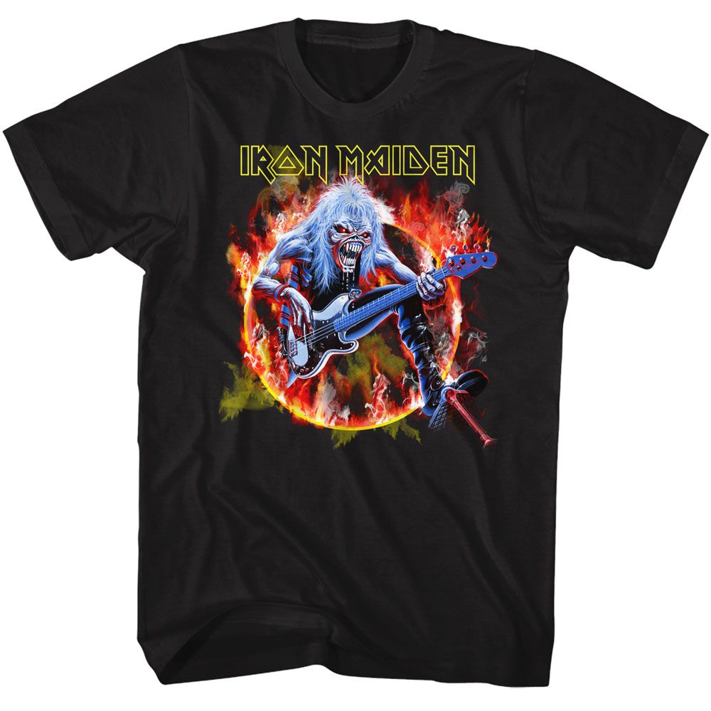 Iron Maiden - Flaming Circle - American Classics - Solid Black Adult Short Sleeve T-Shirt