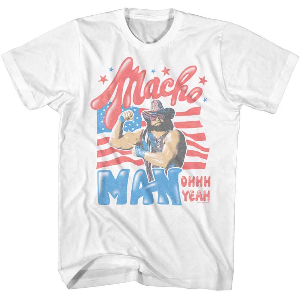Macho Man - Stars And Stripes - American Classics - White Front Print Adult Short Sleeve T-Shirt