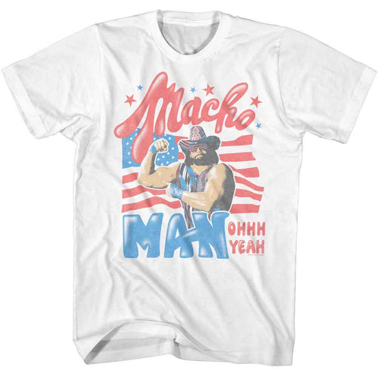 Macho Man - Stars And Stripes - American Classics - White Front Print Adult Short Sleeve T-Shirt
