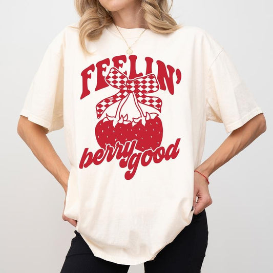 MAPTEES Feelin' Berry Good, Positive Vibes Comfort Colors Shirt, Strawberry Lover T-shirt, Coquette Strawberries Graphic Tee, Gift For Her