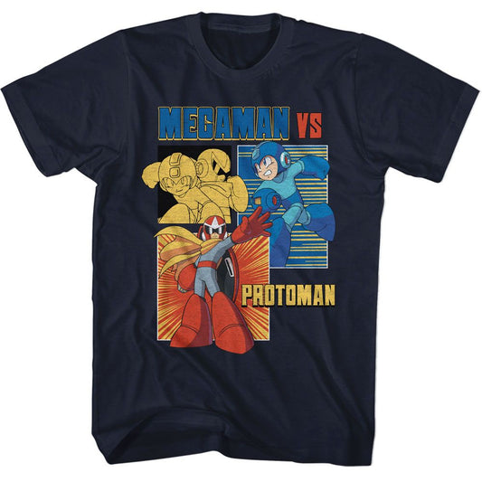 Mega Man - Vs Protoman - American Classics - Solid Blue Adult Short Sleeve T-Shirt