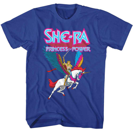 Masters Of The Universe - She Ra Swiftwind And Logo - American Classics - Blue Solid Adult Short Sleeve T-Shirt