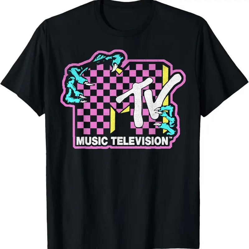 MTV Checkered Monster Hand Logo Graphic T-Shirt - Unisex And Inclusive - Multiple Colorways - Full Size Range