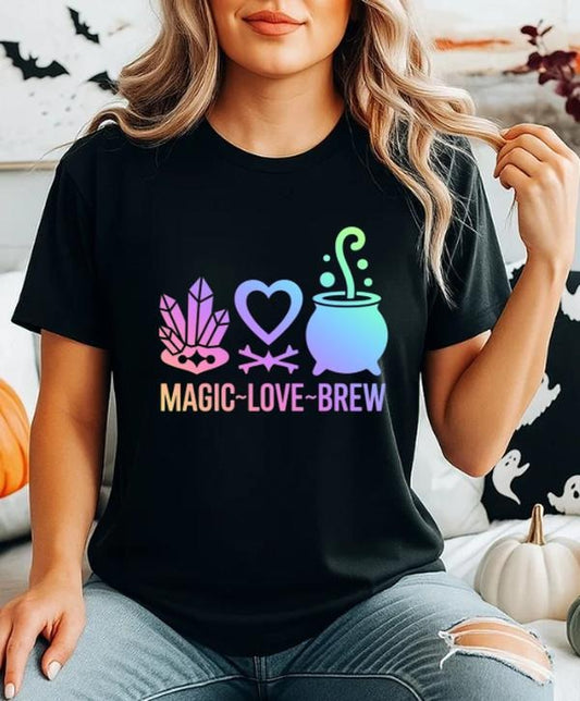 Magic Love Brew T-Shirt | Witchy Crystal Cauldron Graphic Tee