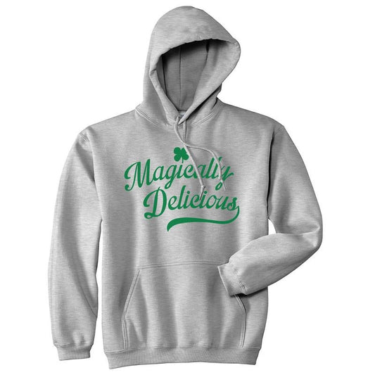 Magically Delicious Hoodie Funny St Patricks Day Outfit Four Leaf Clover Graphic Saying Sweatshirt Funny Hoodies Saint Patrick's Day Light Grey