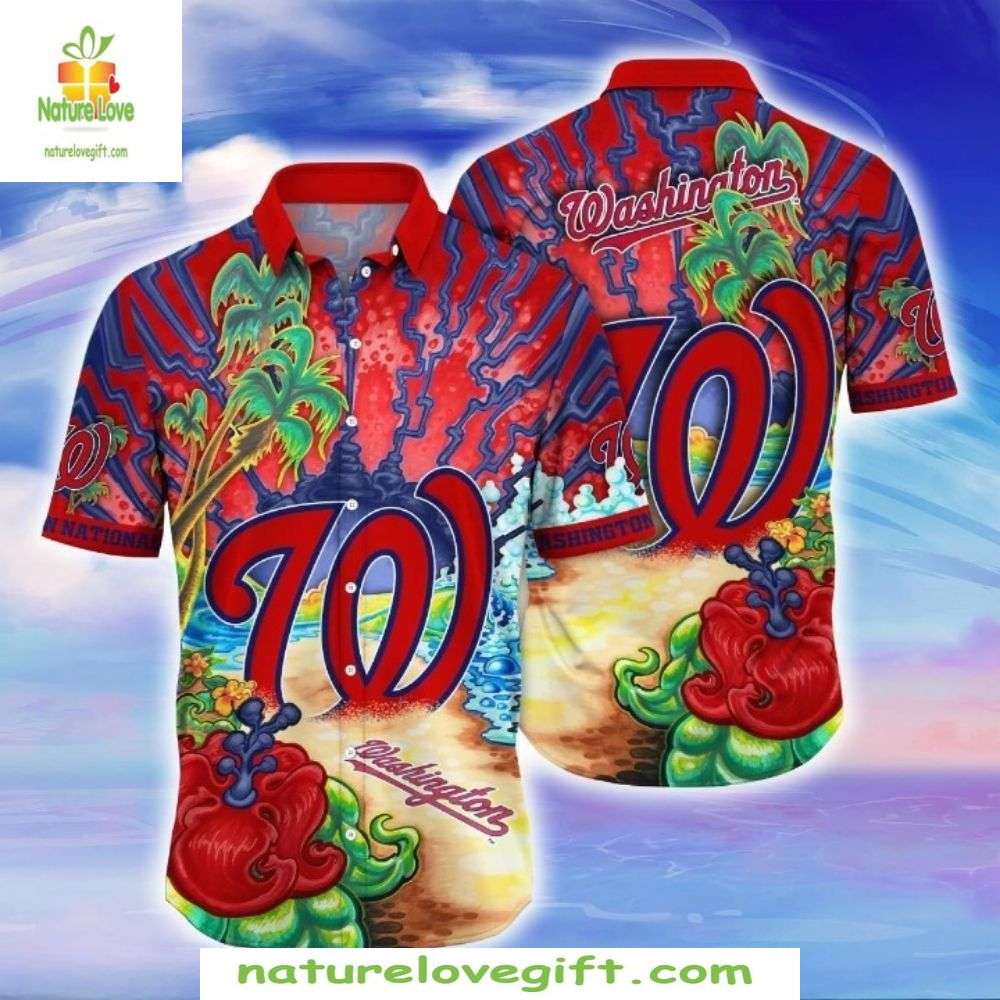Washington Nationals Hawaiian Shirt Majestic Wave Crest Aloha Baseball Apparel
