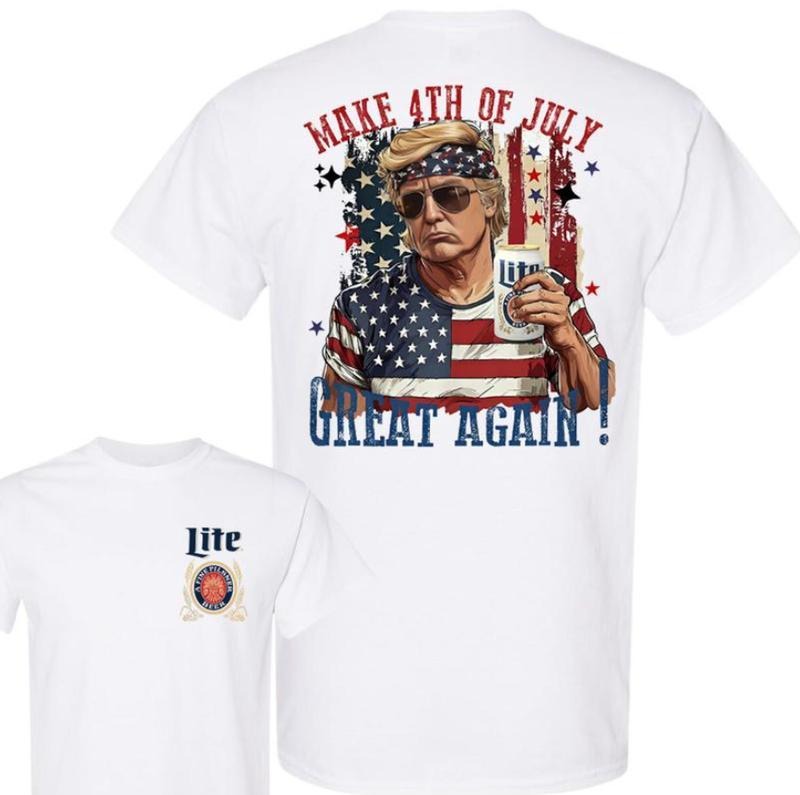 Make 4th Of July Great Again Trump With Miller Lite Beer Shirt, 4th Of July Independence Day Casual Cotton Top Gifts For Trump Supporters