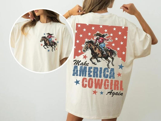 Make America Cowgirl Again Shirt, Bucking Bronco, Summer Casual T-Shirt, Patriotic Design, Oversized Fit, Crewneck Style...