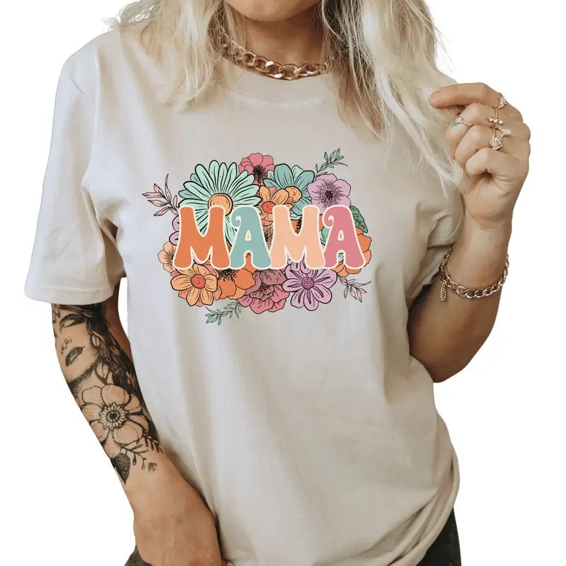 Mama Casual Everyday T-Shirt. Mama with spring flowers shirt. Perfect Mom Gift Hoodie, Sweatshirt | InkThreadWorks.com