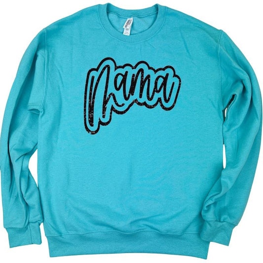 Mama Cursive Distressed GIldan Sweatshirt -- SCUBA BLUE T-Shirts, Hoodie | InkThreadWorks.com
