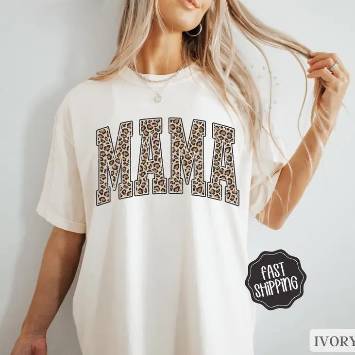 Mama Leopard Shirt, Mother's Day Gift for Mom, Mama Varsity Leopard Letters Shirt, Cute Mom Shirt, Oversized Mama Tshirt...