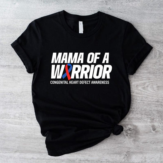 Mama Of A Warrior Shirt, Congenital Heart T-shirt, Heart Defect Tee For Mom, Birth Defects Awareness Shirt, CHD Shirt, Red and Blue Ribbon Short Sleeve, Support Gift Tee For Mother.