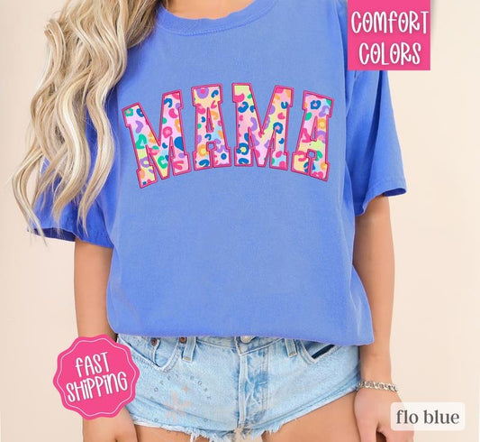 Mama Shirt Comfort Colors, Mother's Day Gift for Mom, Mama Varsity Leopard Letters Shirt, Cute Mom Shirt, Oversized Mama...