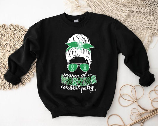 Mama of a Warrior Messy Bun Cerebral Palsy Sweatshirt, CP Warrior Hoodie, Support Gift Sweater For Mother, Green Ribbon...