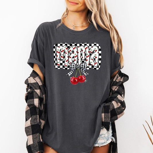 Mama, Cherries, Checkered, Retro, Comfort Colors T-Shirt, Women's Comfort Colors Tee Hoodie, Sweatshirt | InkThreadWorks.com