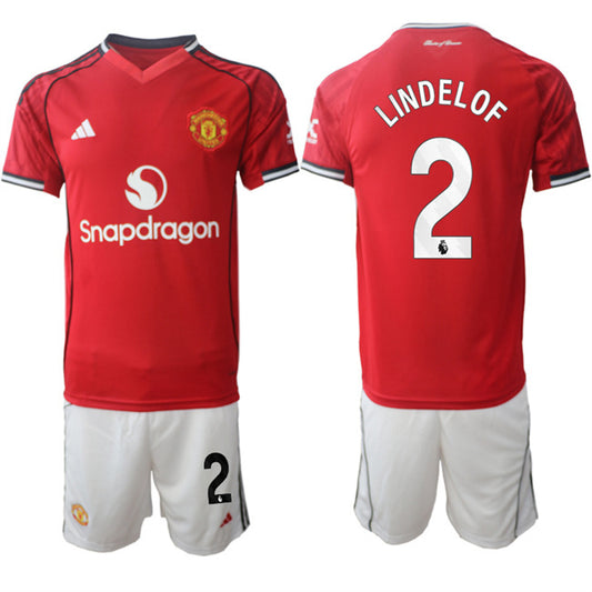 Manchester United #2 Victor Lindelöf 2025 26 Red Home Soccer Jersey Suit