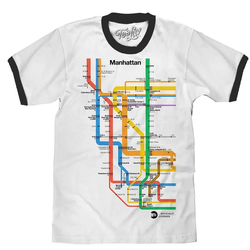 Manhattan Metro Map Ringer T-Shirt - White and Black Hoodie, Sweatshirt | InkThreadWorks.com