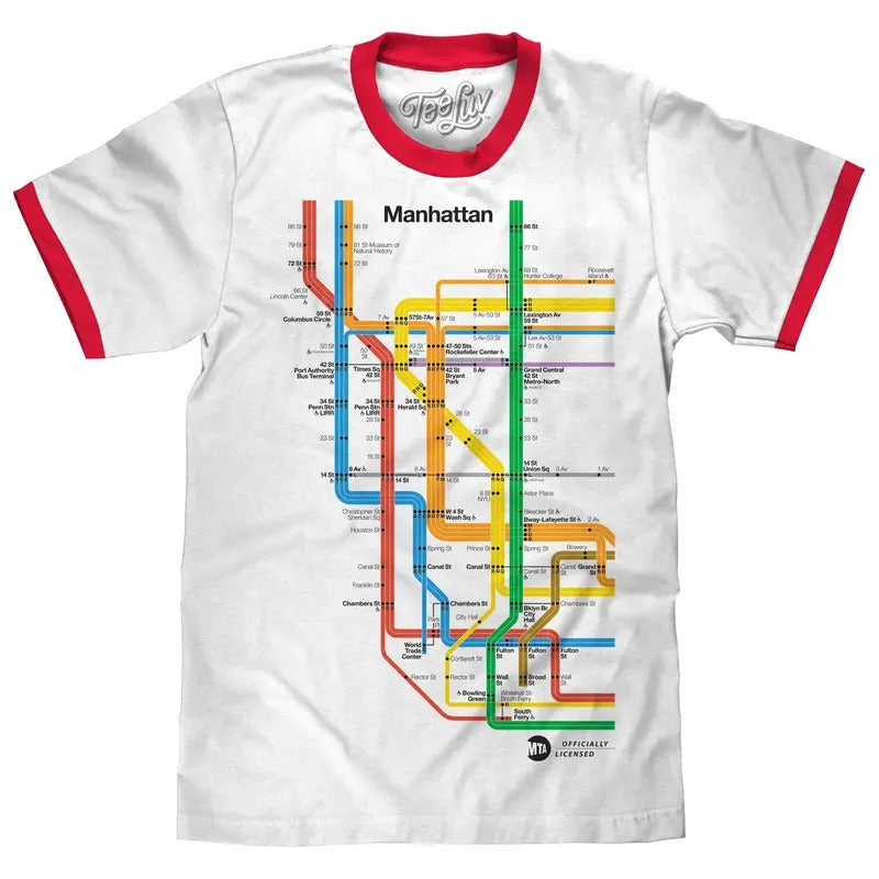 Manhattan Metro Map Ringer T-Shirt - White and Red Hoodie, Sweatshirt | InkThreadWorks.com