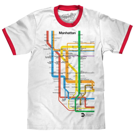 Manhattan Metro Map Ringer T-Shirt - White and Red Hoodie, Sweatshirt | InkThreadWorks.com