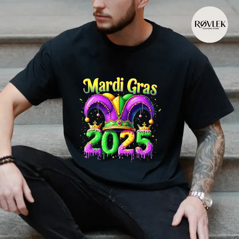 Mardi Gras 2025 T-Shirt Casual Style Crew Neck Short Sleeve T-Shirt Tops Trendy for Unisex, Perfect Gift