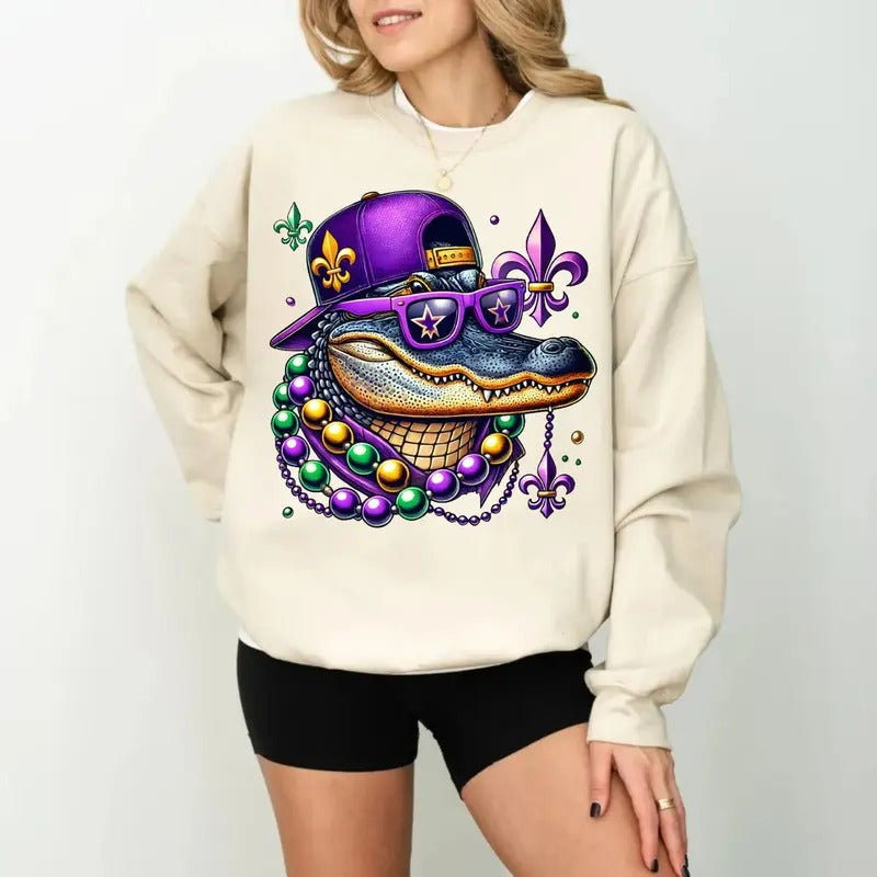 Mardi Gras Alligator Tshirt Sweatshirt Hoodie, Louisiana Crawfish Shirt, Mardi Beads Louisiana Festival New Orleans,...