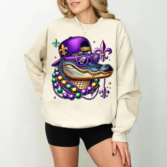 Mardi Gras Alligator Tshirt Sweatshirt Hoodie, Louisiana Crawfish Shirt, Mardi Beads Louisiana Festival New Orleans,...