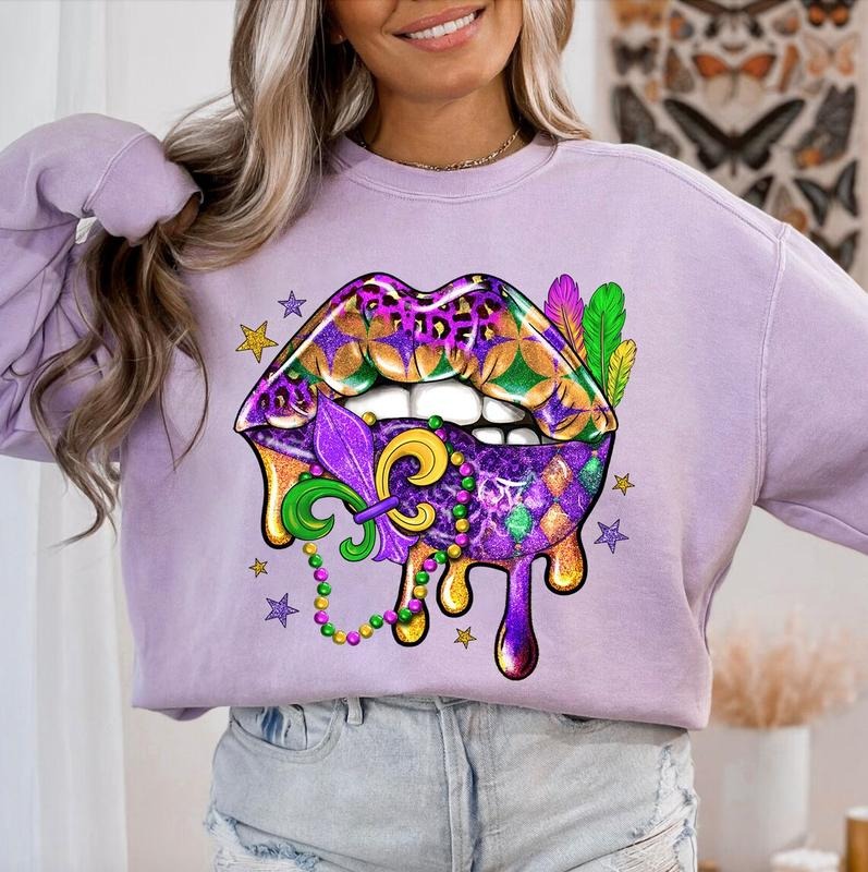 Mardi Gras Lips Comfort Colors Unisex Sweatshirt T-Shirts, Hoodie | InkThreadWorks.com