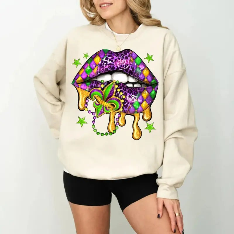 Mardi Gras Lips Tshirt Sweatshirt Hoodie, Mardi Gras Western Lips Shirt, Fleur De Lis Sweatshirt , Unisex Sweater...