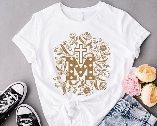 Marian Catholic Shirt, Assumption of Mary Shirt, Floral Religious T-Shirt, Catholic Gift Shirt For Woman, M & Faith Cross...
