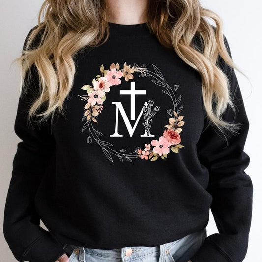 Marian Catholic Sweatshirt, Assumption of Mary Hoodie, Christian Sweater For Woman, Floral M And Faith Cross Gift...