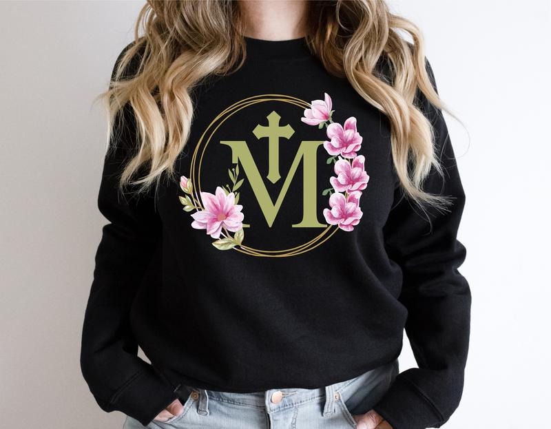 Marian Catholic Sweatshirt, Floral Religious Hoodie, M & Faith Cross Sweatshirt, Christian Gift Sweater For Woman,...