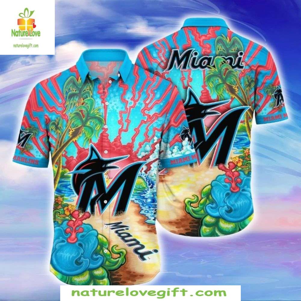 Miami Marlins Hawaiian Shirt Coastal Ripples Tropical Baseball Apparel