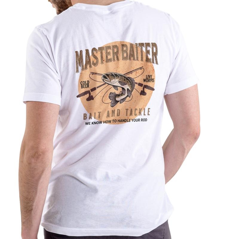 Master Baiter Bait and Tackle Unisex Cotton Graphic T Shirt with Fishing Design and Text Cold Beer Live Worms We Know How to Handle Your Rod