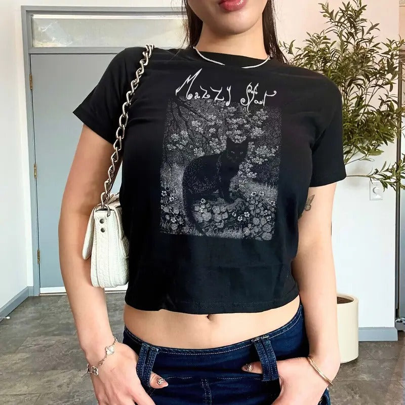 Mazzy star vintage cat graphic y2k Crop top band tee baby tee, Mazzy star graphic tshirt