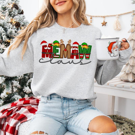 Memaw Claus Faux Embroidery Sweatshirt T-Shirts, Hoodie | InkThreadWorks.com
