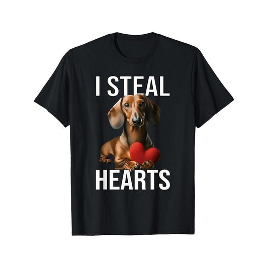 Men'S Cotton Crew Neck T-Shirt with Dachshund "I Steal Hearts" Print, All-Season Short Sleeve Tee, Regular Fit, Geometric...