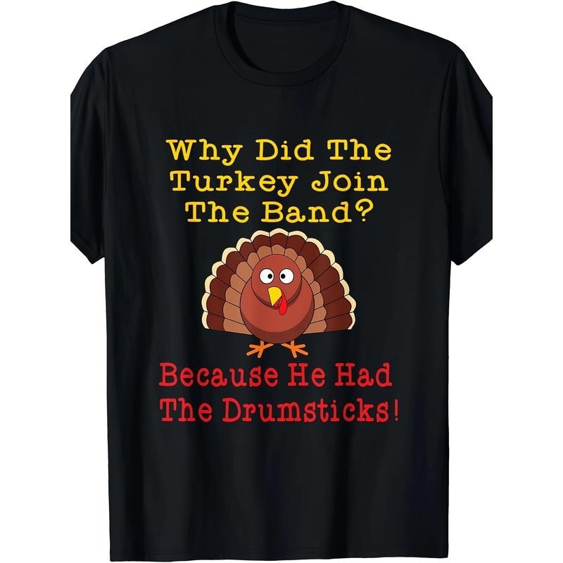 Men'S Thanksgiving Turkey Band Humor Graphic T-Shirt, 100% Cotton, Casual Crew Neck, Slight Stretch, All-Season Knit Fabric, Loose-Fit Tee made in usa