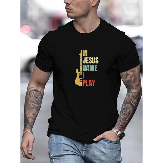 Men's "In Jesus Name I Play" Guitar Graphic T-Shirt - Polyester Blend Crew Neck Tee with Slight Stretch, Casual Summer Knit Fabric Top for Adults Made in USA
